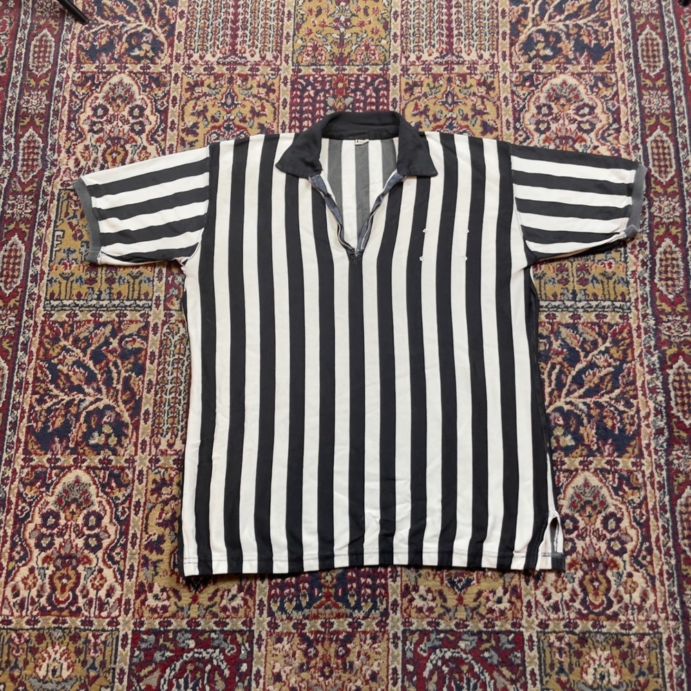 VTG 40s 50s Striped Durene Referee Polo Shirt Short Sleeve 1/4 Talon White Black